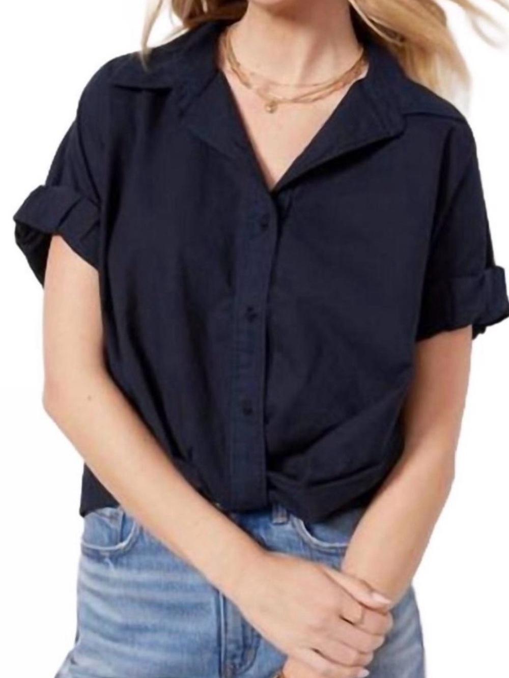 Stateside Voile Navy Twist-Front Button Down Shirt M